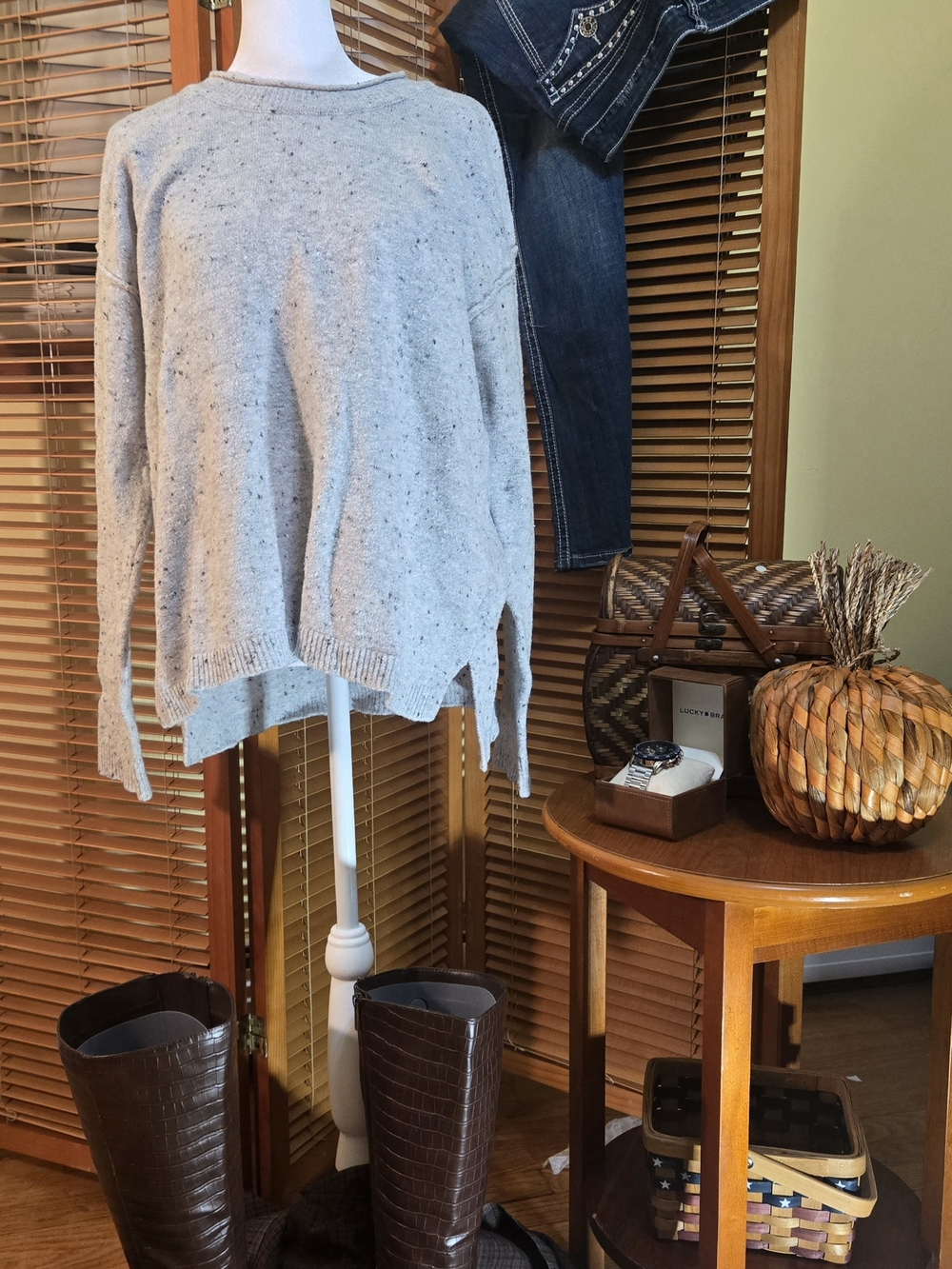 DKNY Jeans Grey Donegal Tweed Speckled Knit Oversized Sweater Size Large